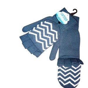 NewBlue And White Womens Chevron Print Convertible Fingerless Mittens